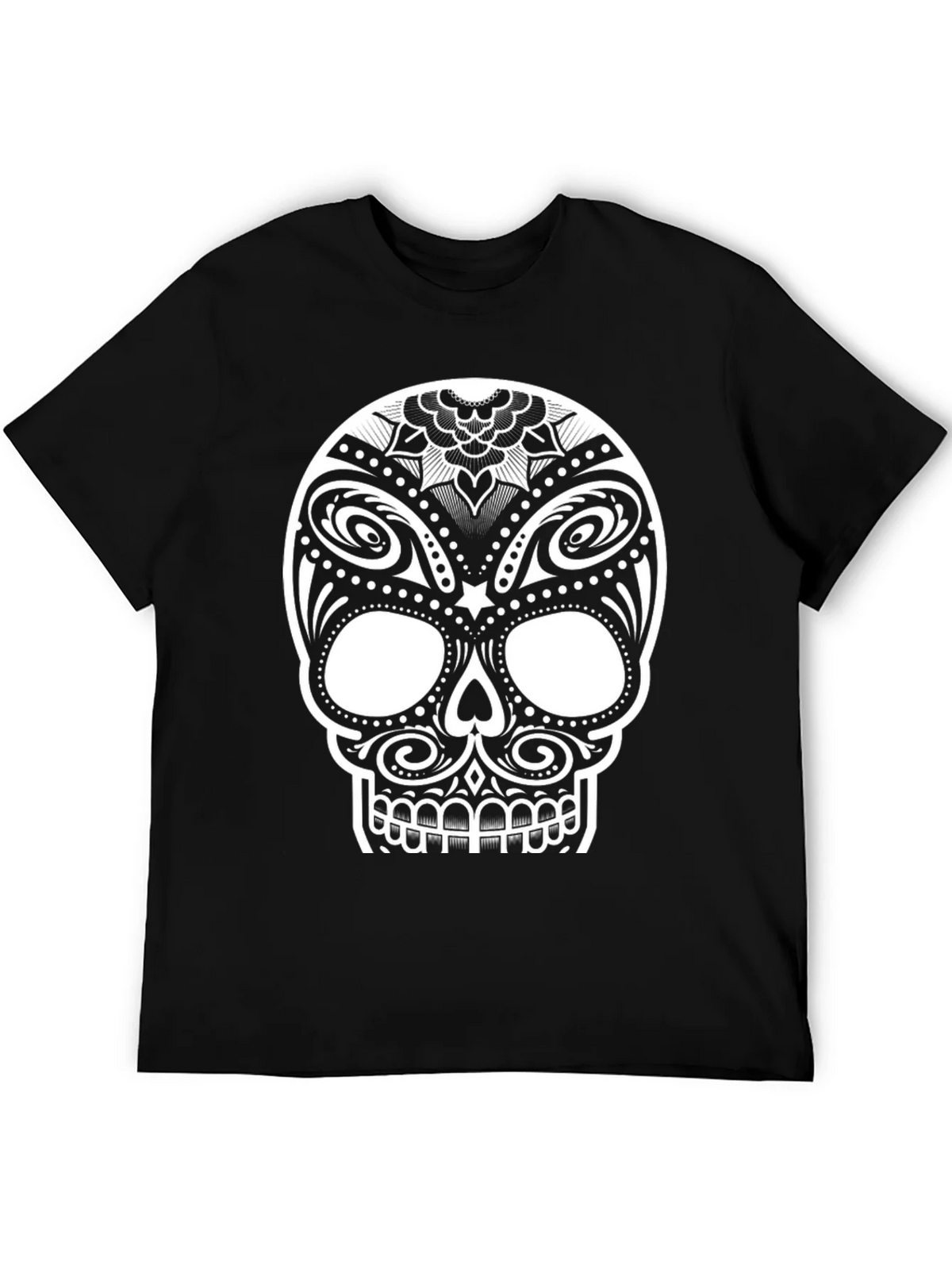 Black T-Shirt with Ornate Sugar Skull Design