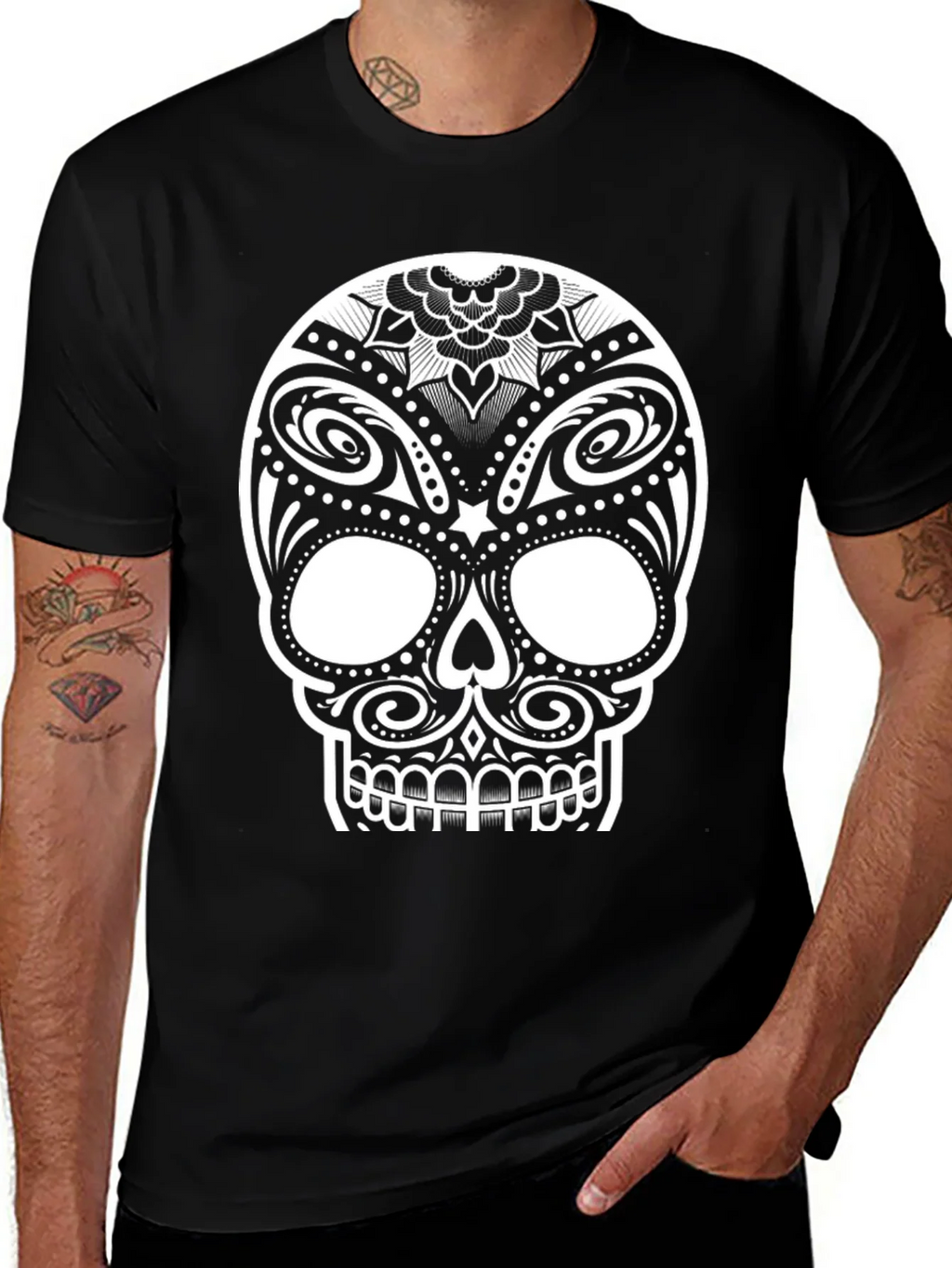 Black T-Shirt with Ornate Sugar Skull Design