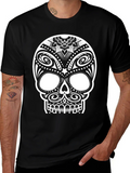 Black T-Shirt with Ornate Sugar Skull Design