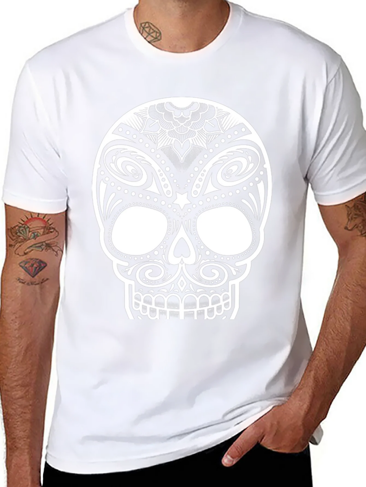 Black T-Shirt with Ornate Sugar Skull Design