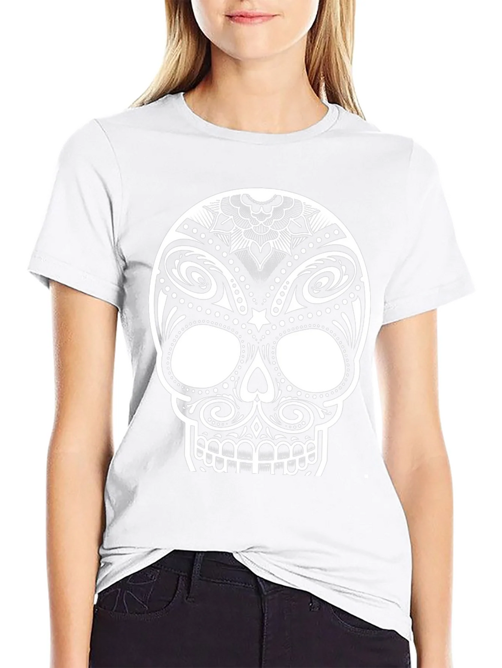 Black T-Shirt with Ornate Sugar Skull Design
