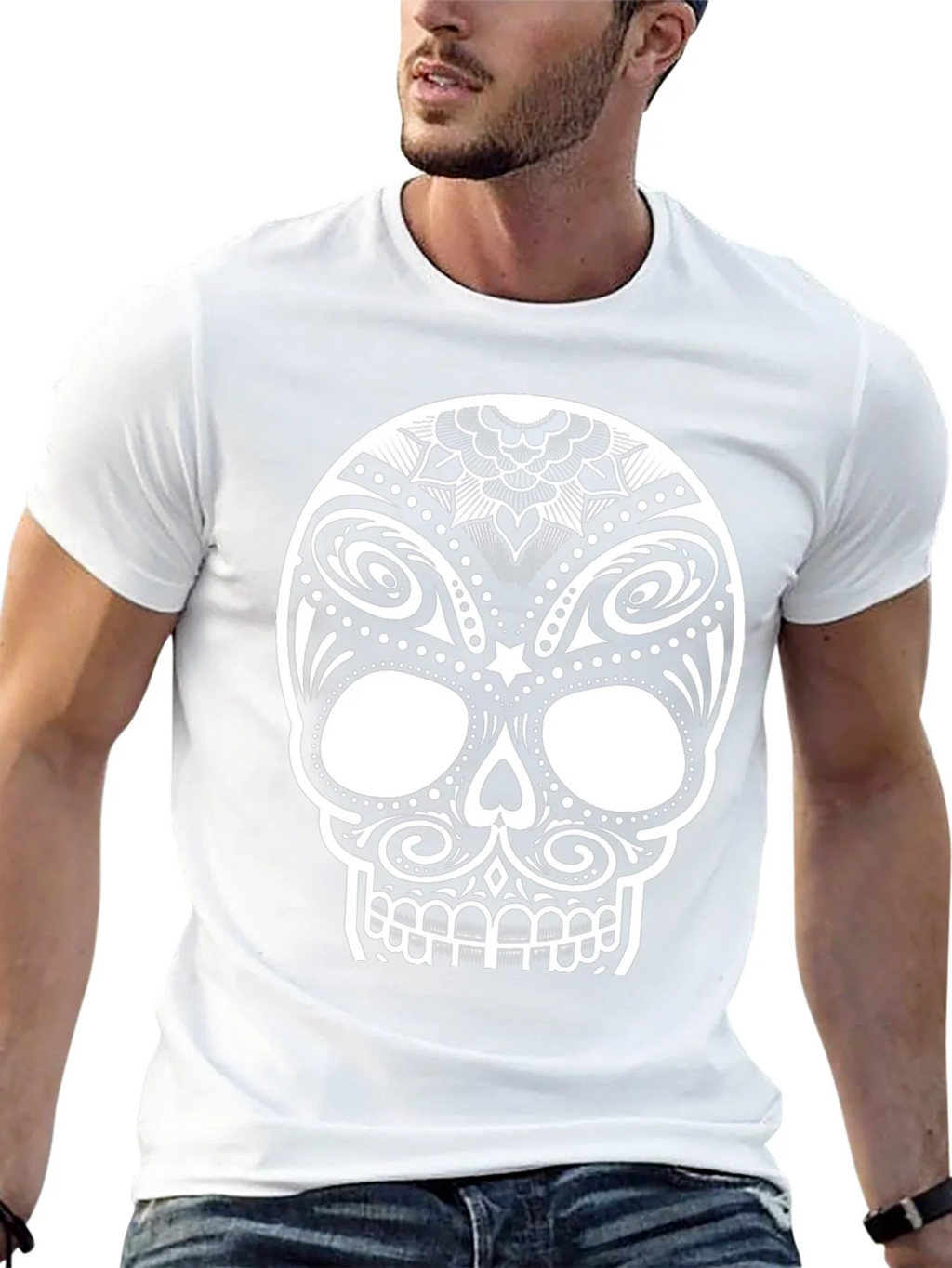 Black T-Shirt with Ornate Sugar Skull Design