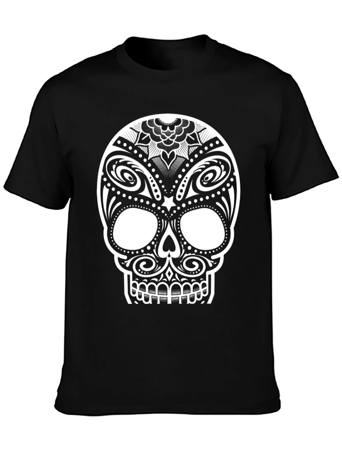Black T-Shirt with Ornate Sugar Skull Design