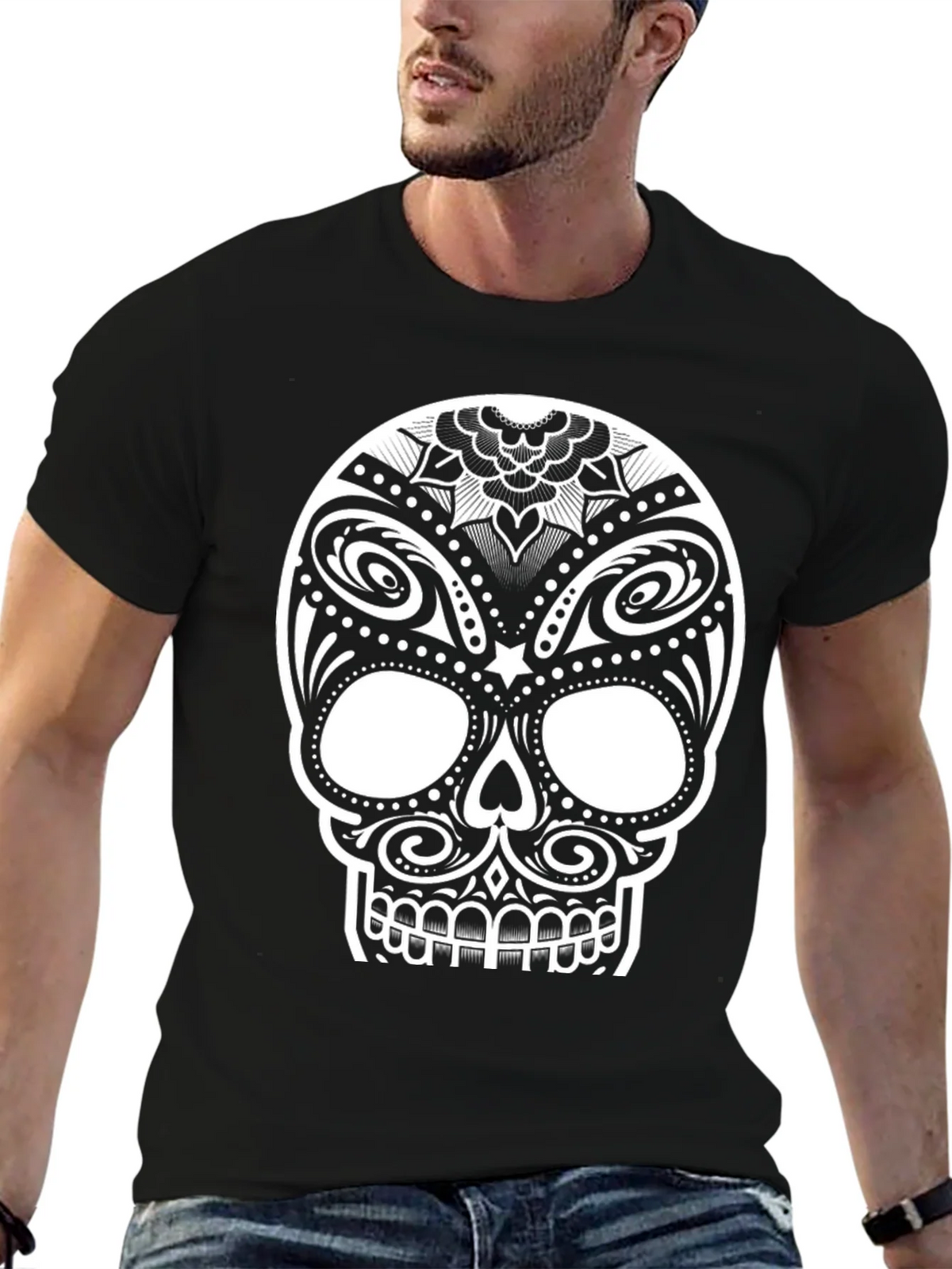 Black T-Shirt with Ornate Sugar Skull Design