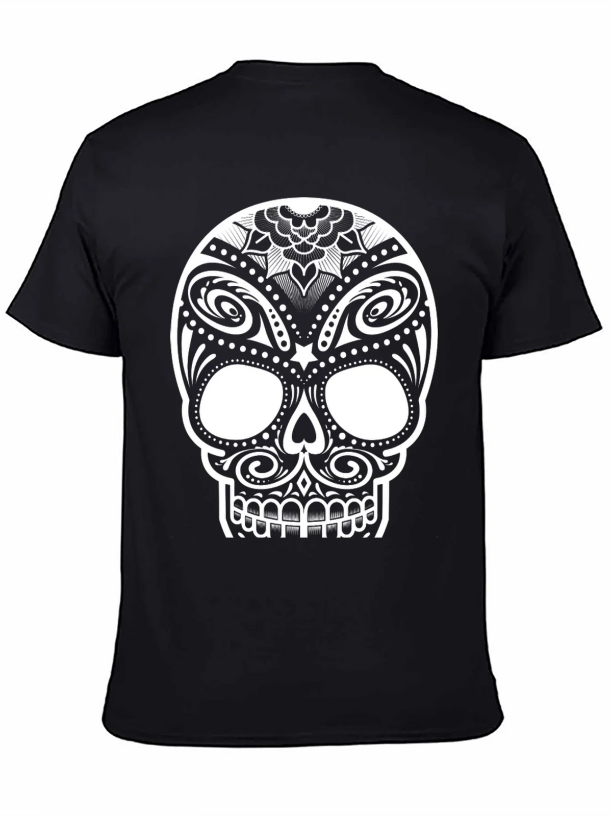 Black T-Shirt with Ornate Sugar Skull Design