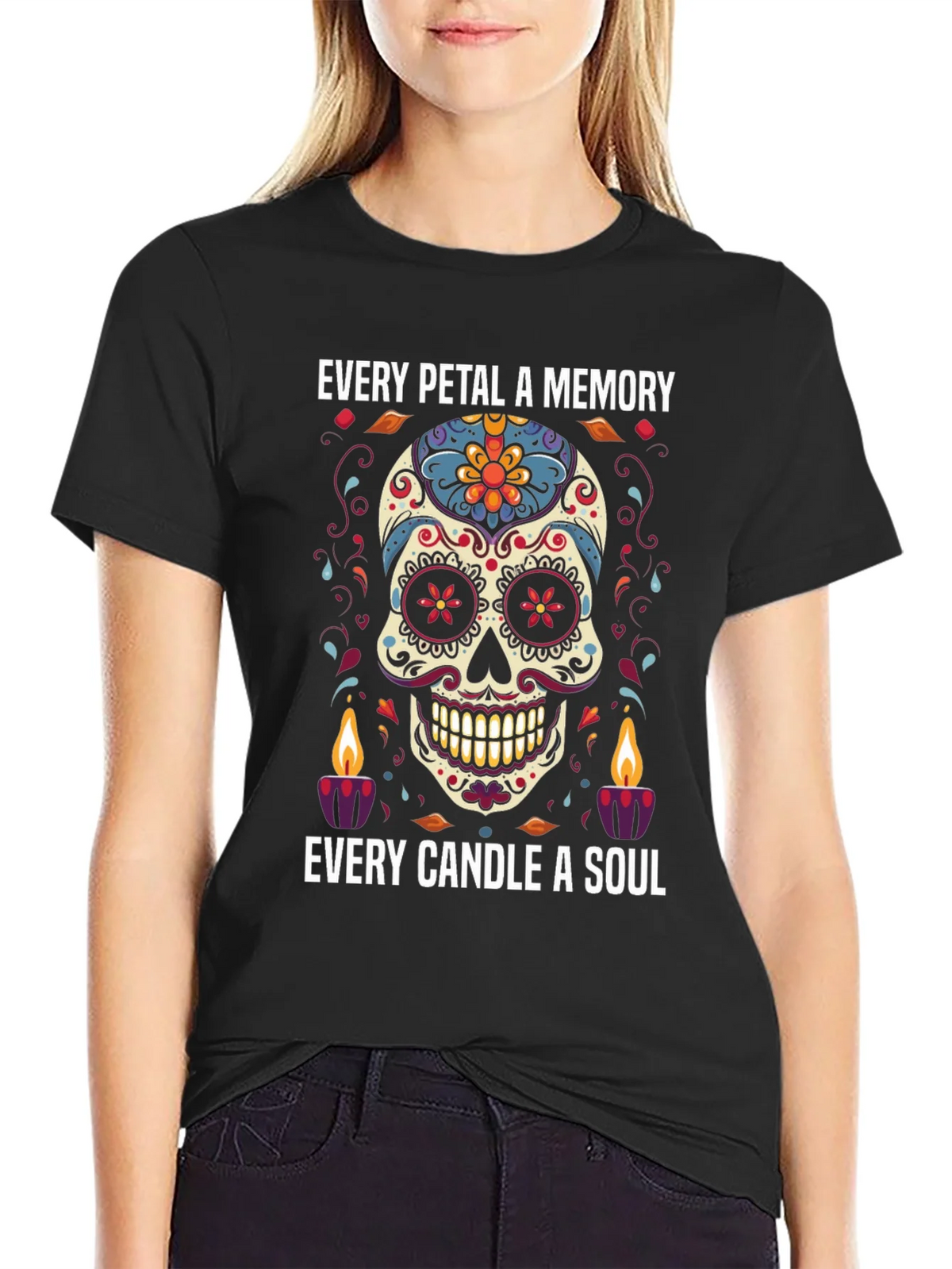 Day of the Dead Skull Graphic Tee - Every Petal a Memory