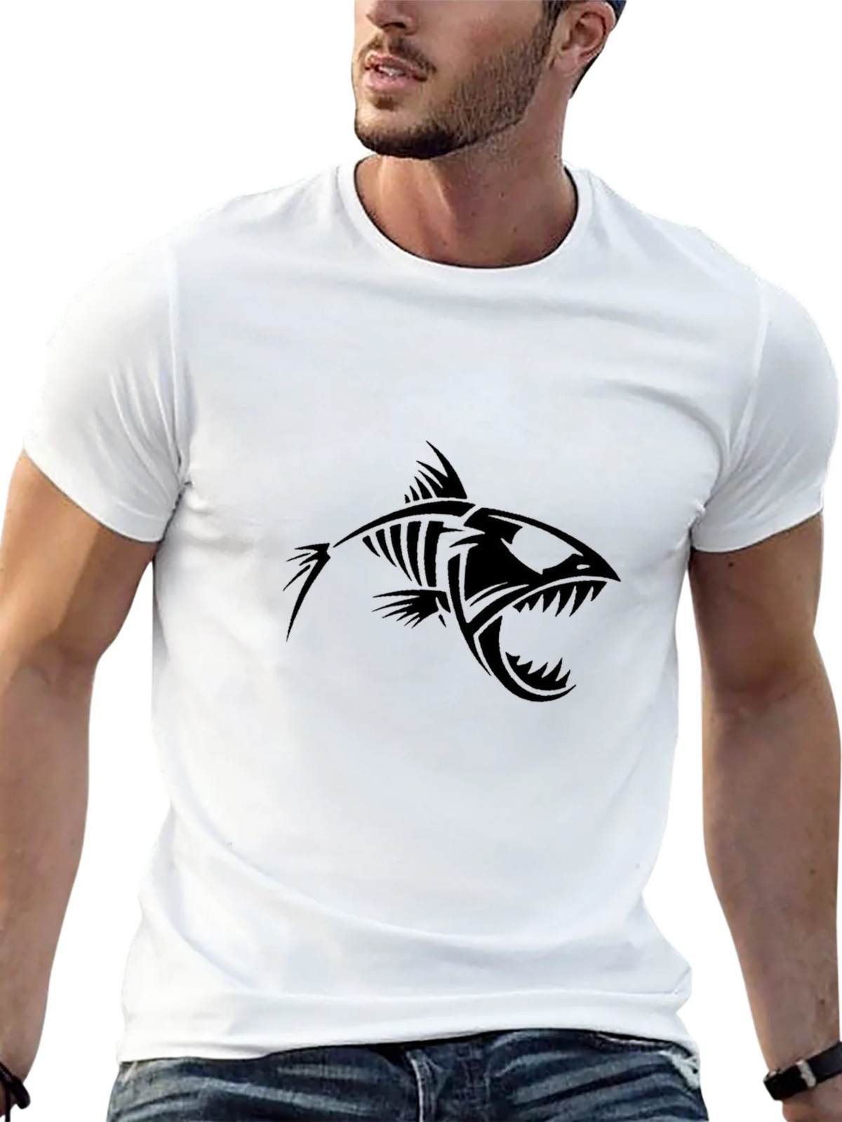 Edgy Fish Skeleton Graphic Black T-Shirt