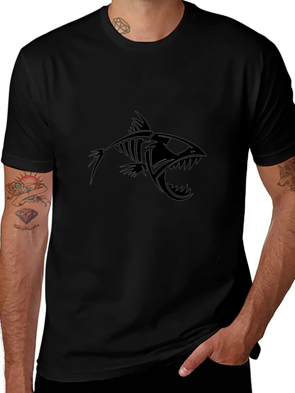 Edgy Fish Skeleton Graphic Black T-Shirt
