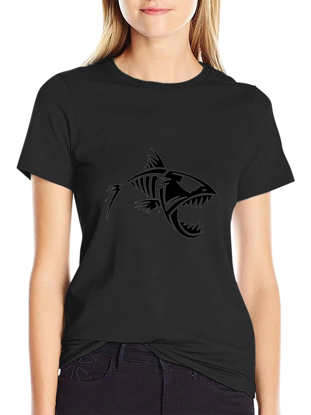 Edgy Fish Skeleton Graphic Black T-Shirt