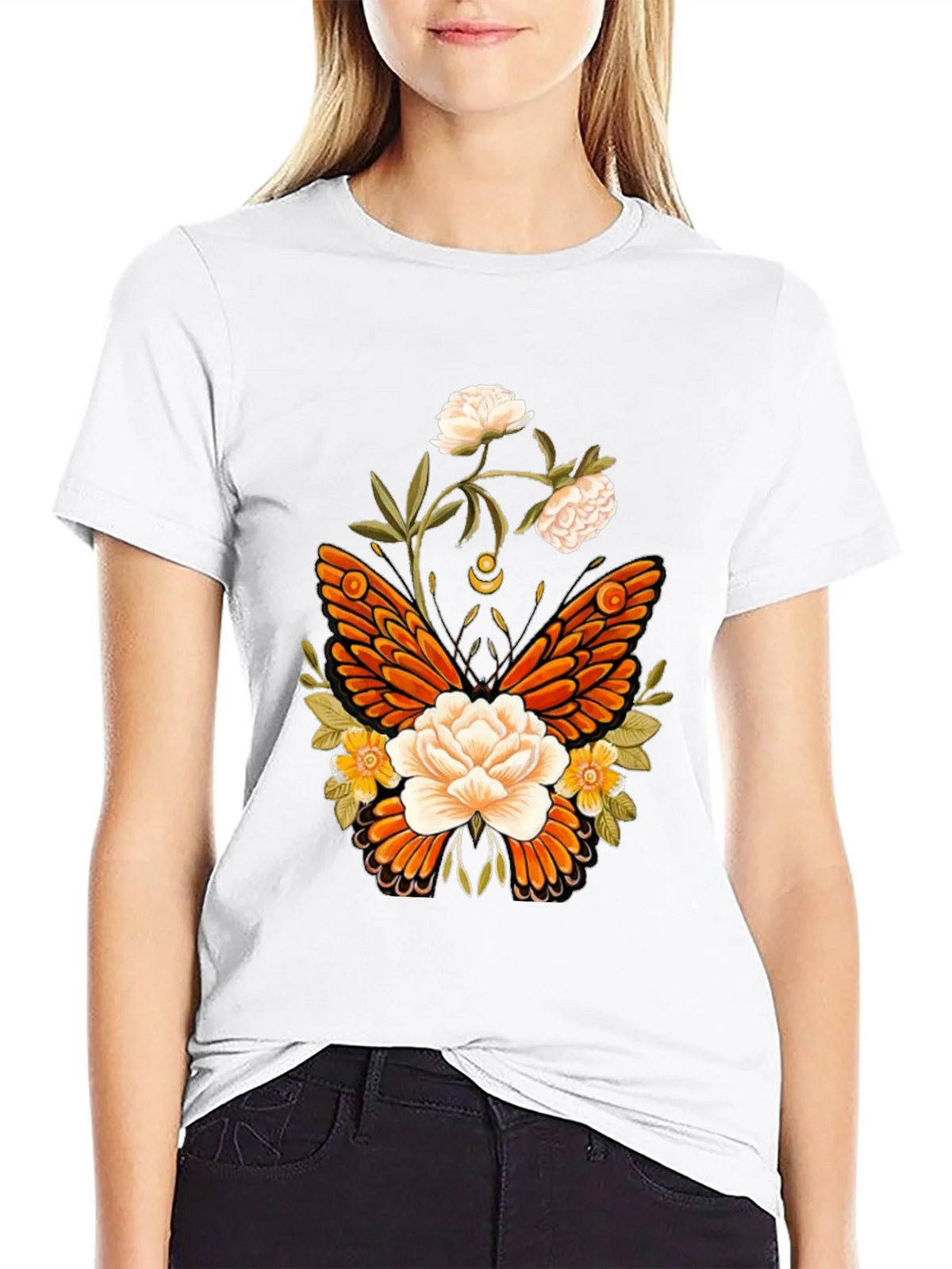 Floral Butterfly Graphic T-Shirt - Black