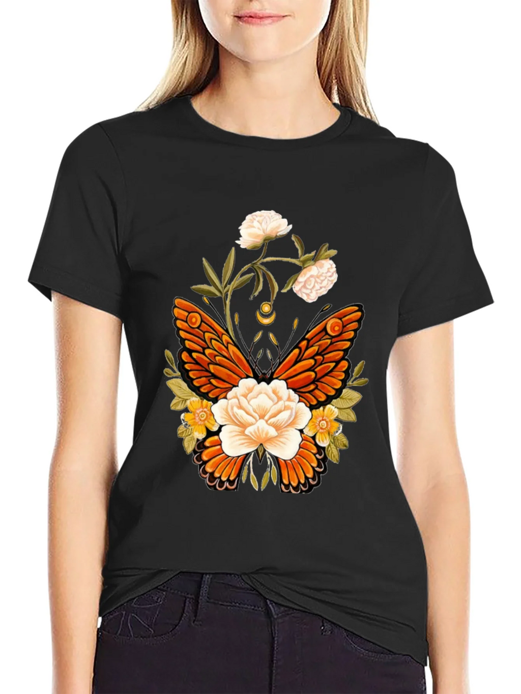 Floral Butterfly Graphic T-Shirt - Black