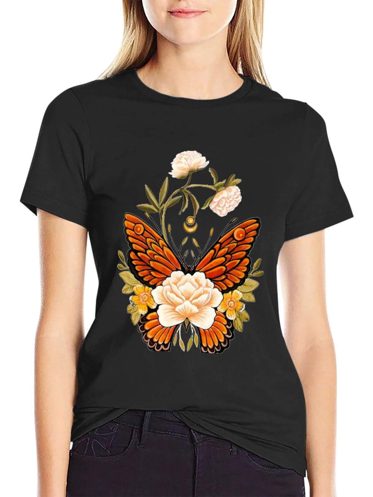 Floral Butterfly Graphic T-Shirt - Black