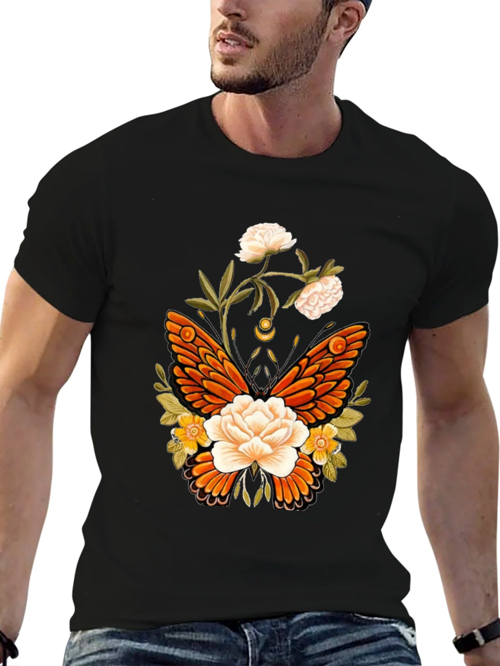 Floral Butterfly Graphic T-Shirt - Black