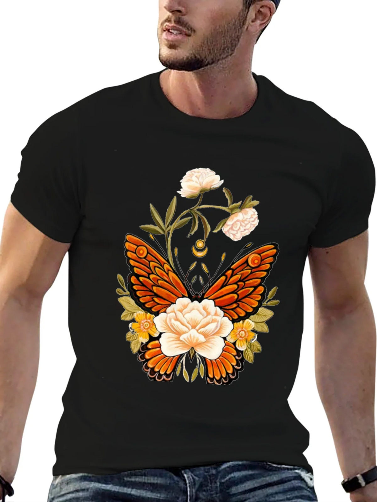 Floral Butterfly Graphic T-Shirt - Black