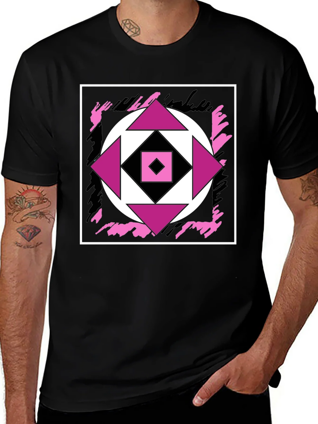 Geometric Black T-Shirt with Abstract Graphic Design