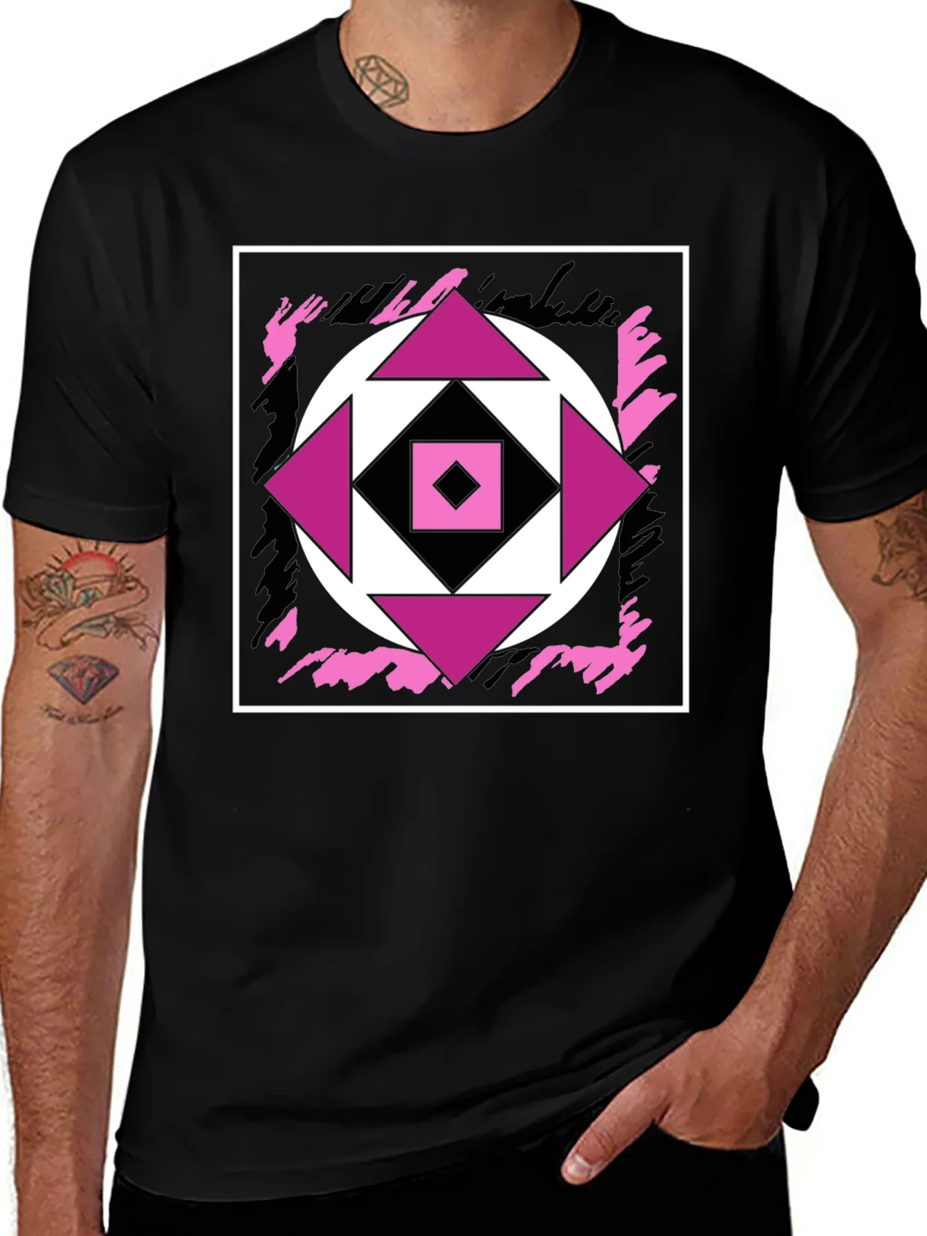 Geometric Black T-Shirt with Abstract Graphic Design
