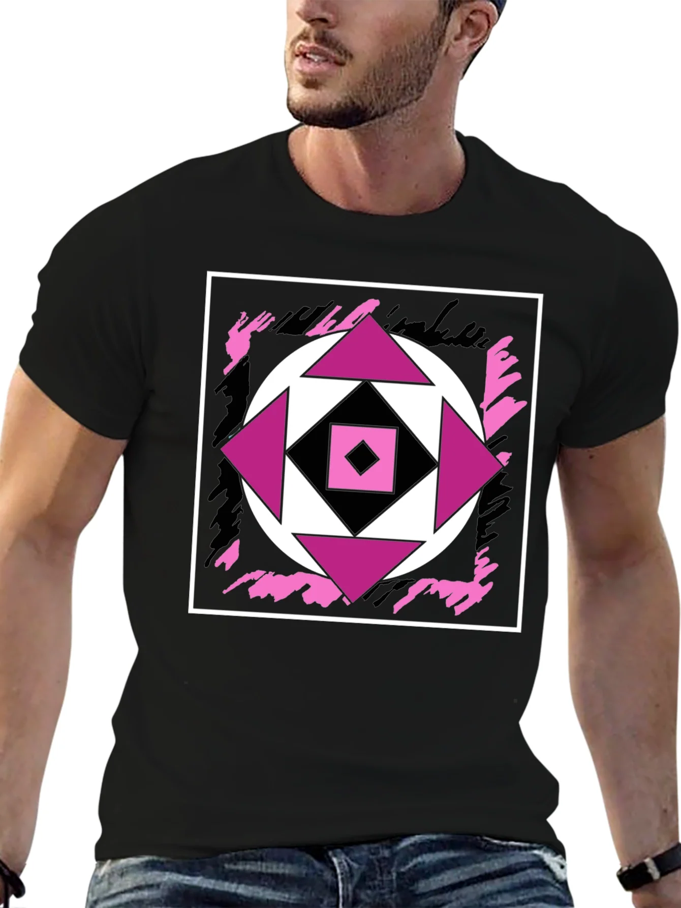 Geometric Black T-Shirt with Abstract Graphic Design