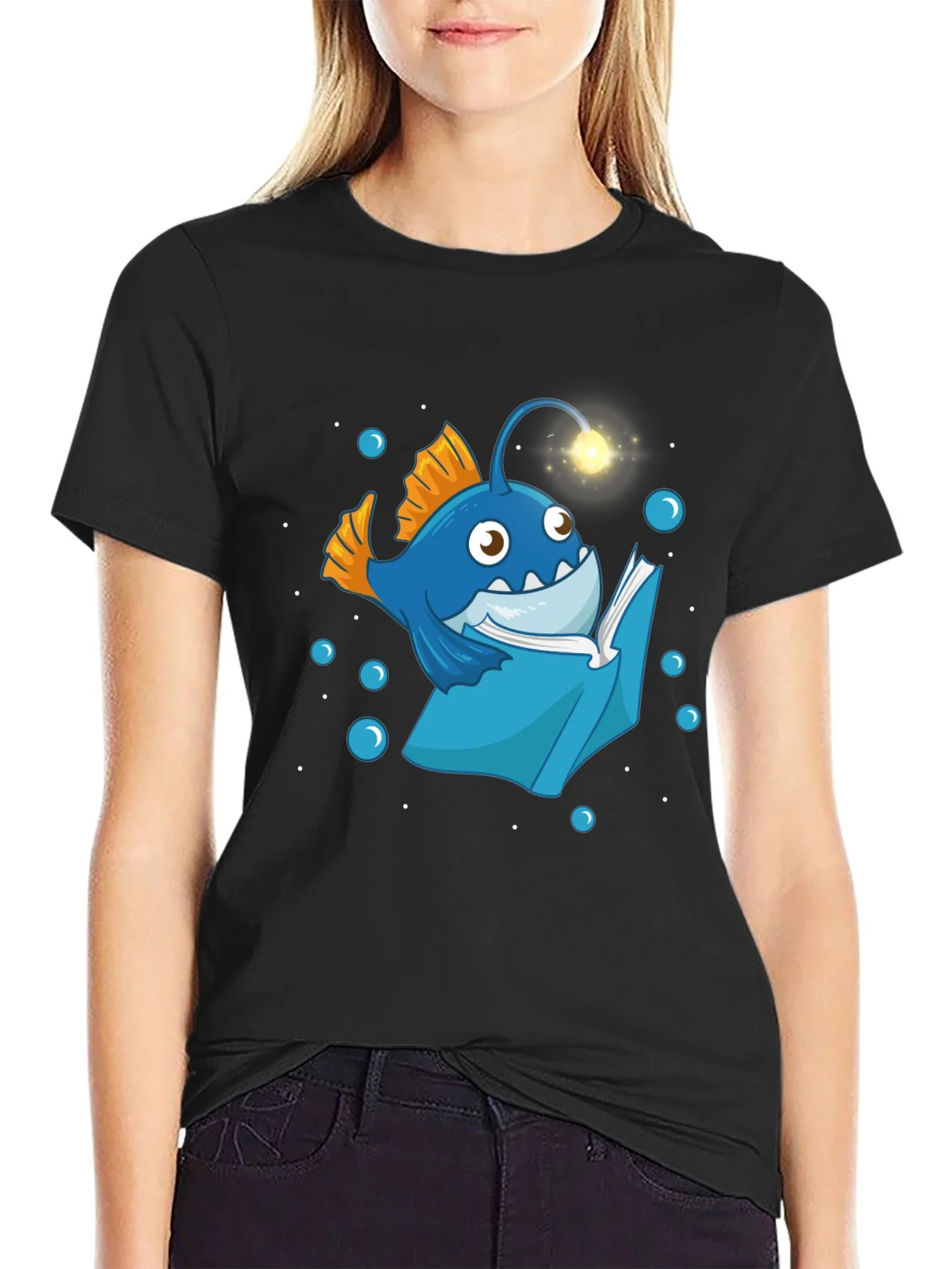 Angler Fish Reading Book T-Shirt - Funny Ocean Lover Tee
