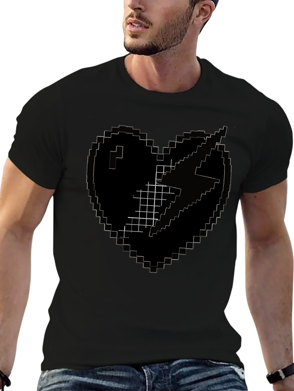 Pixel Heart Lightning Bolt Black T-Shirt